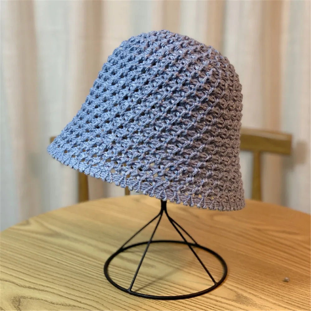 Bucket Hat Female Summer Thin Woolen Knitted Basin Foldable Literary and Artistic Leisure All-match Sun Cap