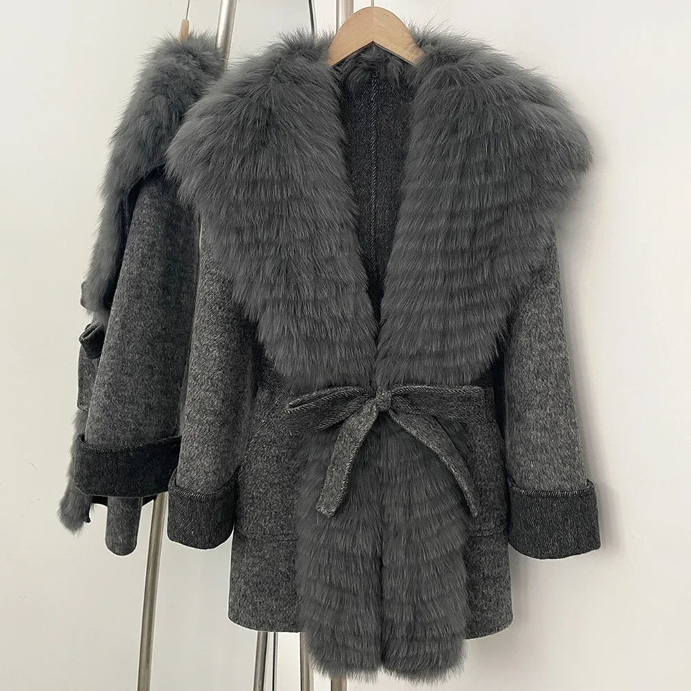 Woolen Coat Female Real Fox Fur Jacket New Autumn Winter Belt Top Clothes Fashion Warm Natural Fur Mid-length Wool Jacket Women