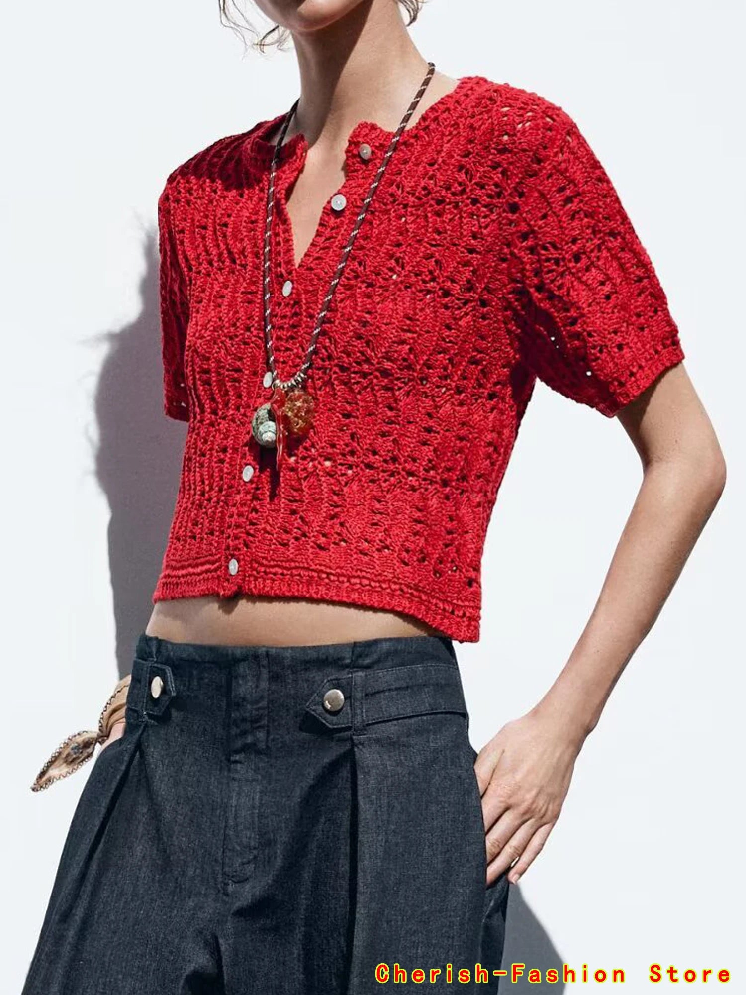 Women's Cardigan Summer 2025 New Red Knitted Short Sleeve Cutout Design Cardigan Casual Fashion Personality Versatile Knitwear