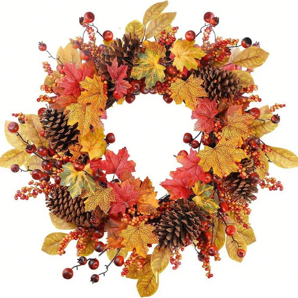 Autumn Door Wreath Christmas Halloween Decoration Pumpkin Berry Pine Cone Maple Artificial Cloth Rattan Material Home Decoration