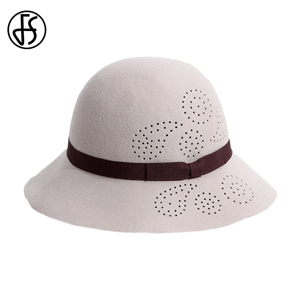 FS Beige Wool Fedoras Elegant Vintage Hats For Women Wide Brim Hollowed-out Cloche Cap Lady Autumn Winter Floppy Black Millinery