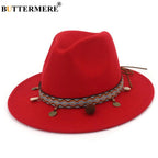 BUTTERMERE Red Fedoras Hats For Women Ethnic Style Wool Felt Hat Female Wide Brim Casual Ladies Autumn Holiday Jazz Caps Fashion