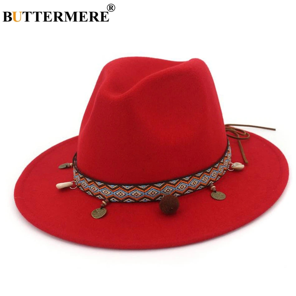 BUTTERMERE Red Fedoras Hats For Women Ethnic Style Wool Felt Hat Female Wide Brim Casual Ladies Autumn Holiday Jazz Caps Fashion
