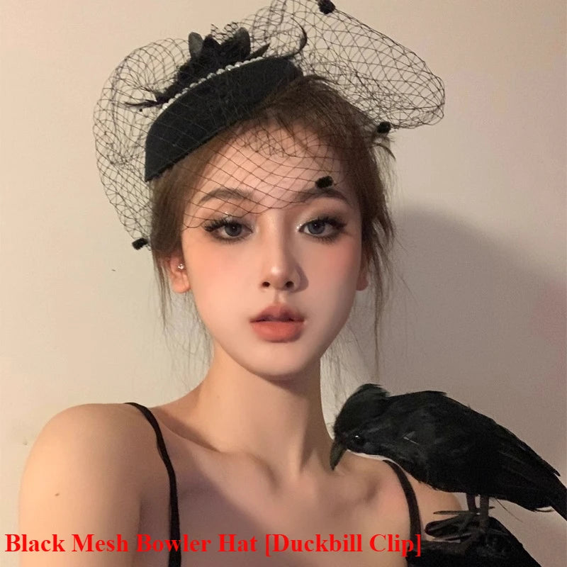 Gothic Subcultur Lace Bow Veil Small Fedoras Hats for Women Harajuku Lolita Feather Floral Fascinator Headband Hat Accessories
