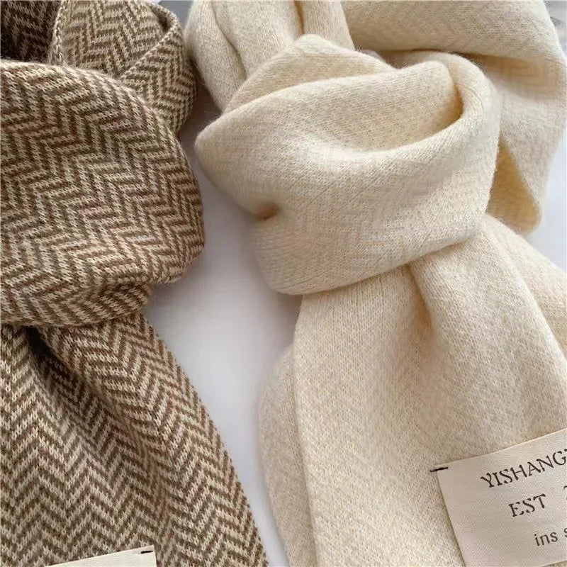 Women Winter Scarves High Quality Knitted Scarf Korean Style White Vintage Stripe Pattern Scarves Winter Outdoor Warm Scarves