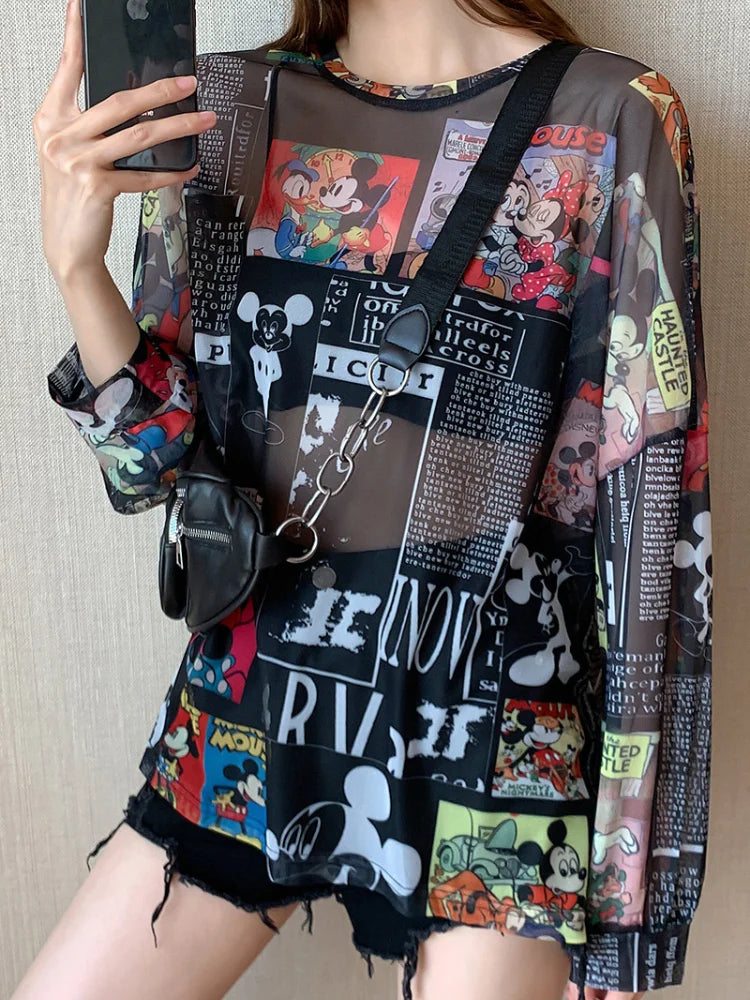 T-Shirts Women cartoon print Casual Trendy Elegant Sun-proof Sexy Ladies Tees Teens Sheer Tops Summer Beach Simple Cozy