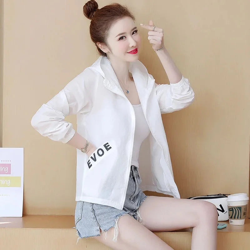 Women's Jacket 2025 New Summer Sun Protection Thin Coat Zipper Hooded Loose Windbreaker Jackets Famale Basic Coats Outwear