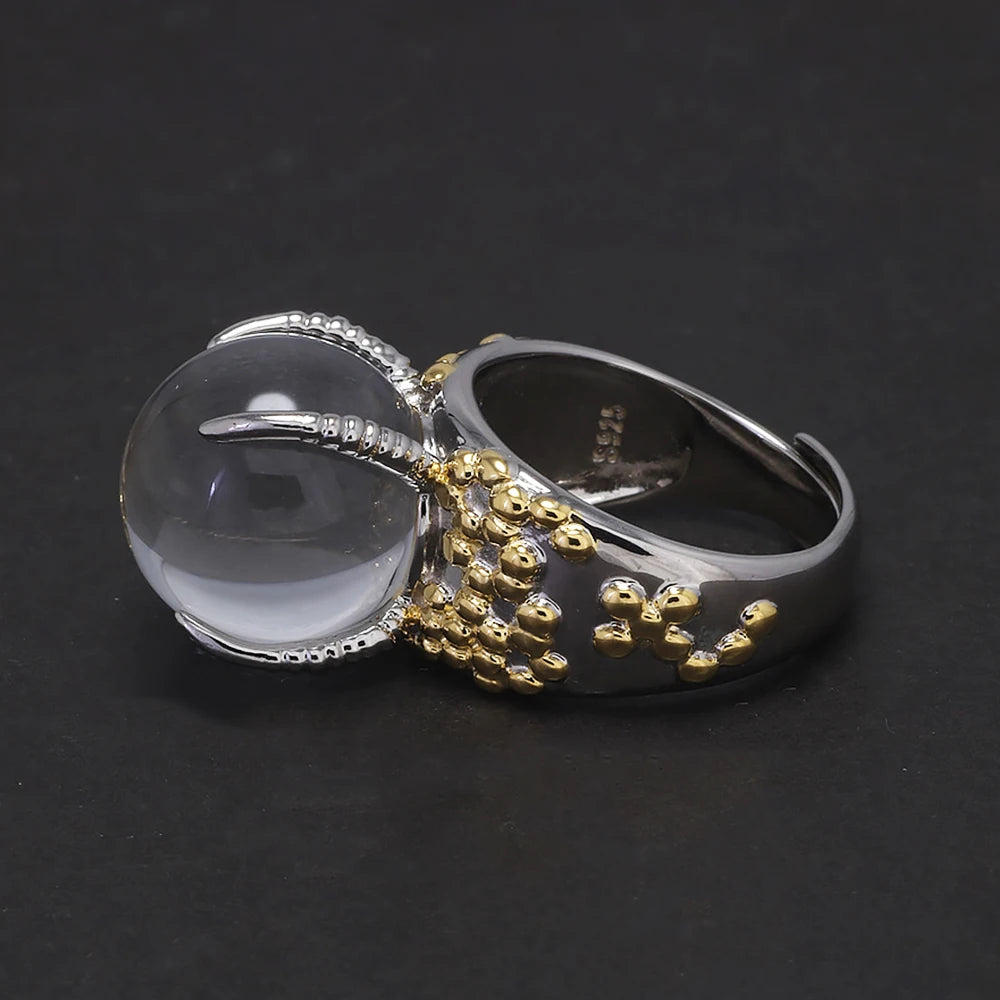 925 Sterling Silver Statement Ring for Women Large Ball Crystal Natural Gemstone Irregular Unique Design Exaggerated Jewelry