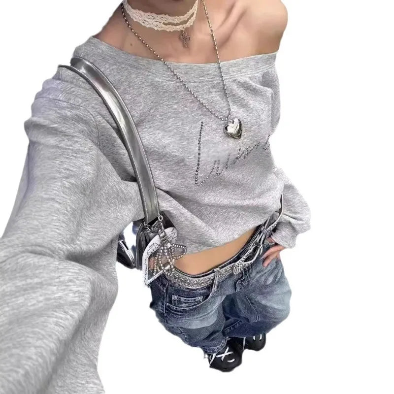 Women Hoodies Autumn Streetwear Off Shoulder Seductive Cropped All-match Sweatshirts Baggy Fashion Print Design Aesthetic Casual