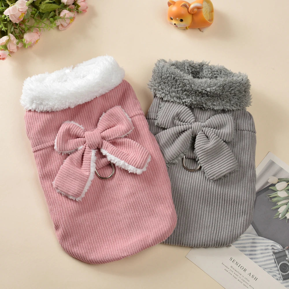 Winter Pet Dog Clothes For Small Dogs Cat Cozy Fleece Puppy Jacket Coat With D-ring Cute Bow Yorkie French Bulldog Vest Overalls