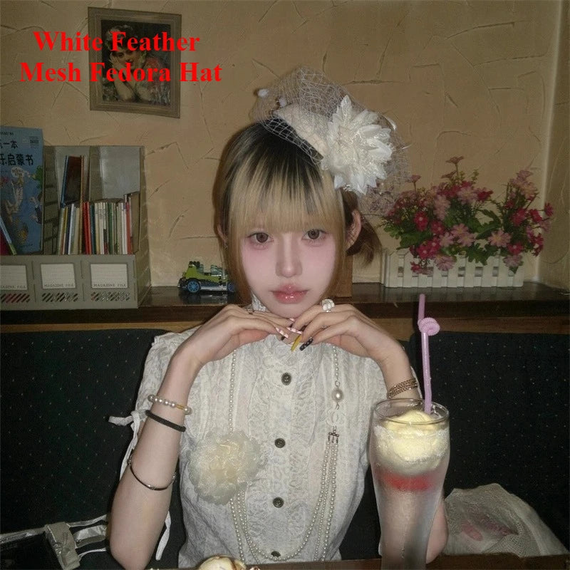 Gothic Subcultur Lace Bow Veil Small Fedoras Hats for Women Harajuku Lolita Feather Floral Fascinator Headband Hat Accessories