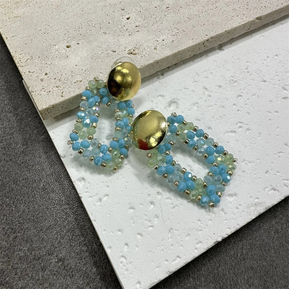 Big Drop Earrings For Women Metal Thread Beads Handmade Crystal Long Earrings Statement Fashion Jewelry