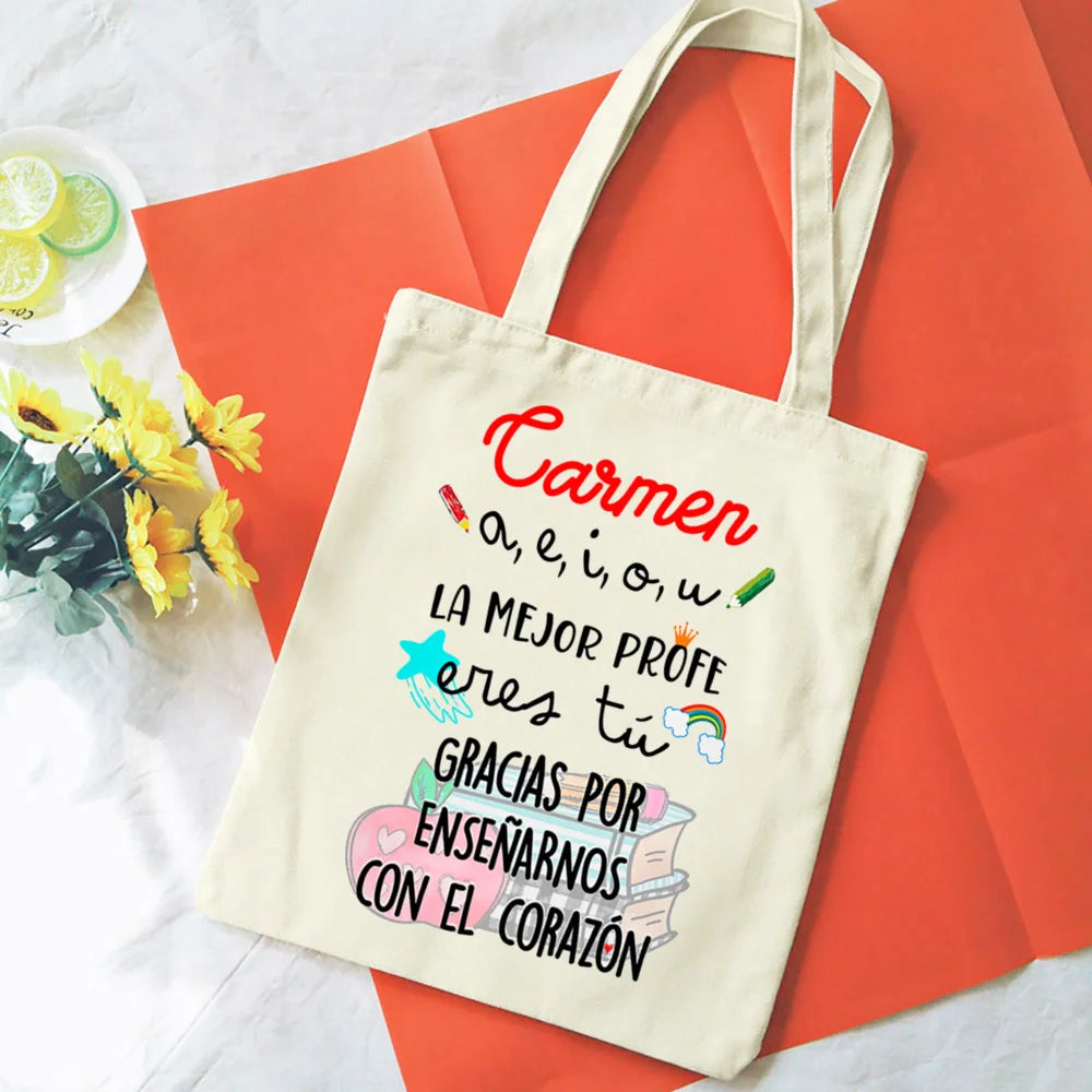 Spanish Printed Women Shopping Totes Bags White Teacher Life Bags Eco Reusable Fashion Canvas Shoulder Book Bag Gift for Teacher