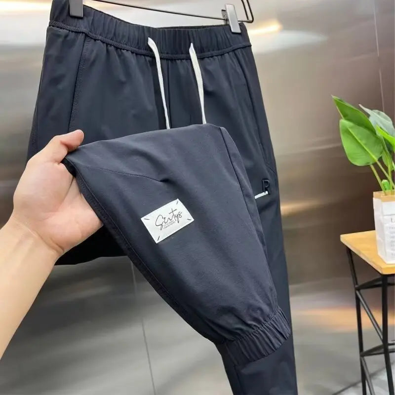 Men's Summer Pants Man Sweatshirt Men's Cropped Trousers Male Clothes Running Jogging Sport Big Size Joggers Ice Silk Pants Gym