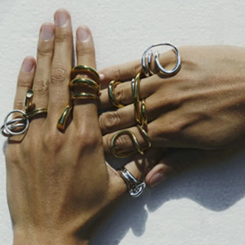 Abstract line statement rings for women stainless steel irregular cocktail rings minimalist unique abstract jewelry waterproof