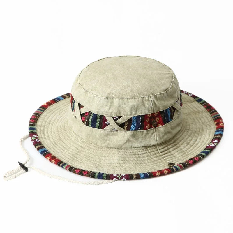 Summer Bucket Hats Retro Printing Cowboy Cap Men Women Outdoor Fishing Hiking Hat Anti UV Sun Caps Cotton Wide Brim Panama Hat