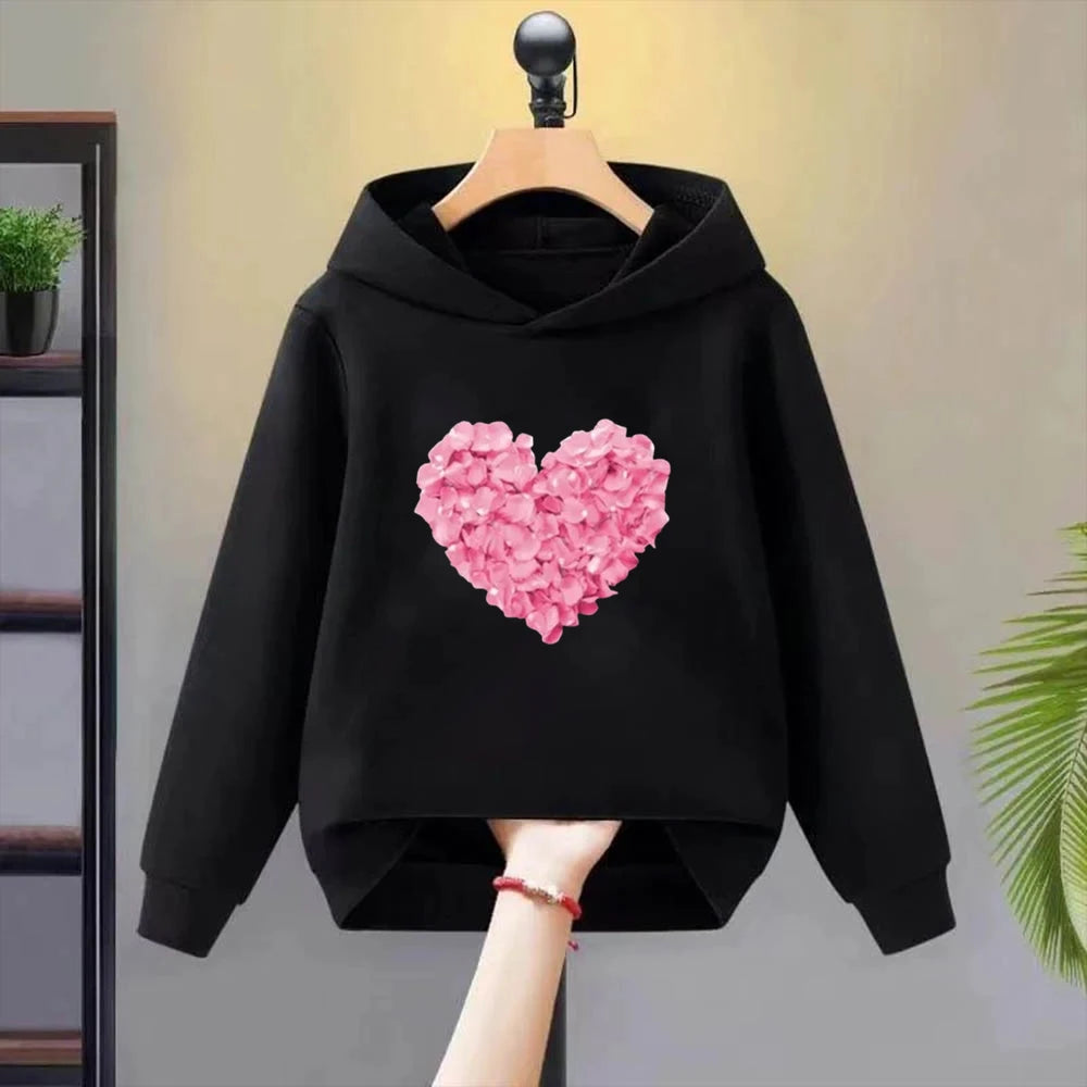 Black Children‘s hoodie Autumn Winter Warm Clothes Sets For Girls Heart Print Top coat Daily Causal Sports Loose Lounge Wear