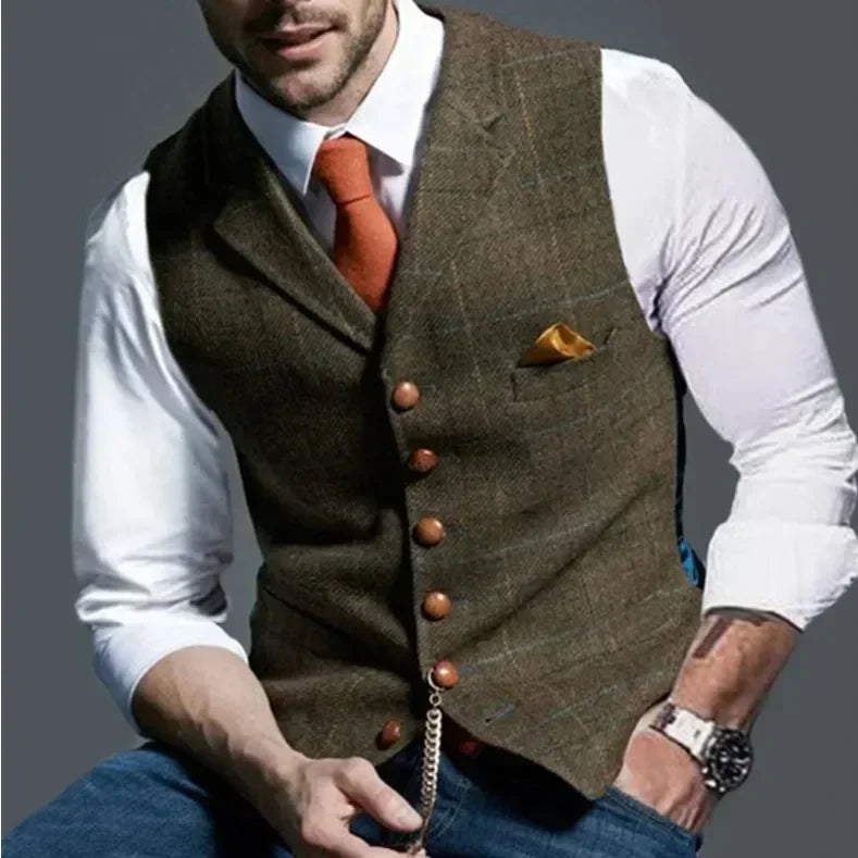2025 Men's Formal Vests Lapel Tweed Plaid V-neck Waistcoat Slim Vest Business Formal Dress Suit Casual Wedding Tuxedo Male Vest