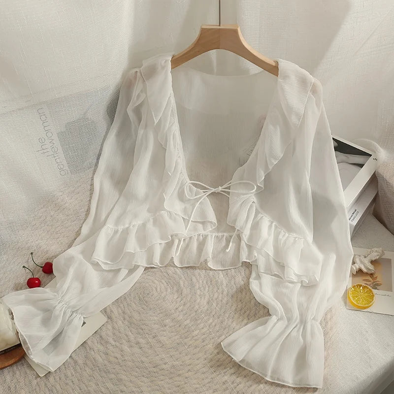 Women's Summer New Sle Sun Protection Clothing Chiffon Bell Sve Lace Trim Cardigan Fairy awl ort Outerwear
