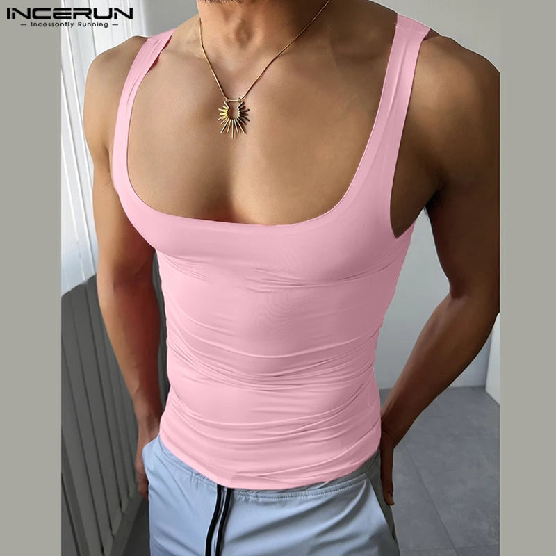 Summer Men Tank Tops Fashion Sexy Sleeveless Tops INCERUN Casual Streetwear Tops Tee Oversize Solid Color Men's Clothing Tank