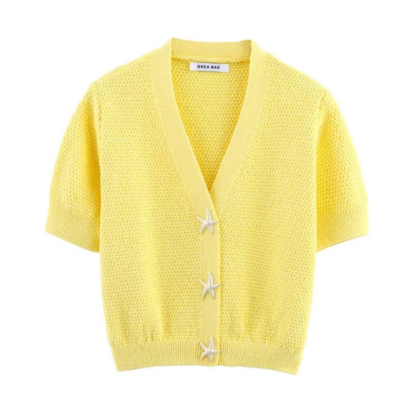 Women's cardigan  new summer style for 2025  yellow short-sleeve knitted jacket  star button decoration casual fashion