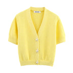 Women's cardigan  new summer style for 2025  yellow short-sleeve knitted jacket  star button decoration casual fashion