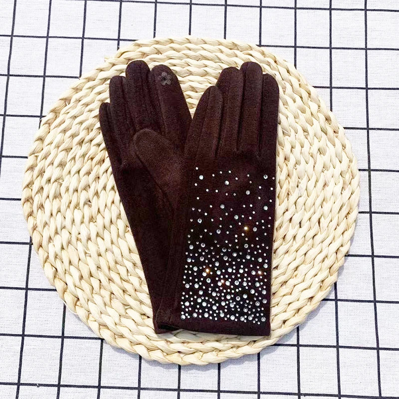 Fashion Diamonds Glove Women Vintage Winter Touch Screen Full Finger Warm Windproof Cycling Driving Female Gloves Mittens