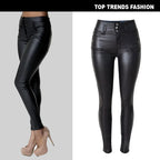 Women's Pants High Waisted 3 Button Slim Faux Leather Pants and Small Leg PU Women Pants