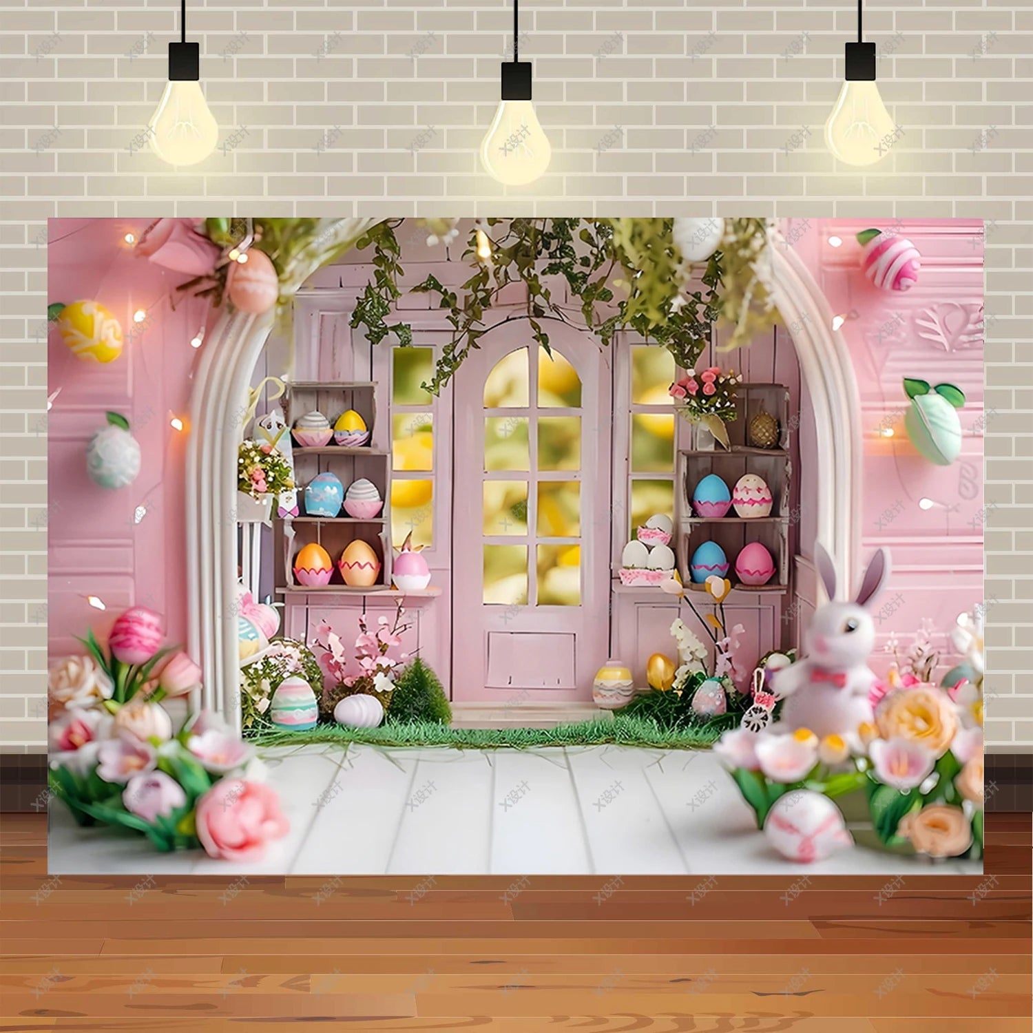 Easter Photography Background Party Decoration Spring Flowers Green Grass Wooden Door Rabbit Bunny Eggs Baby Portrait Photo Prop