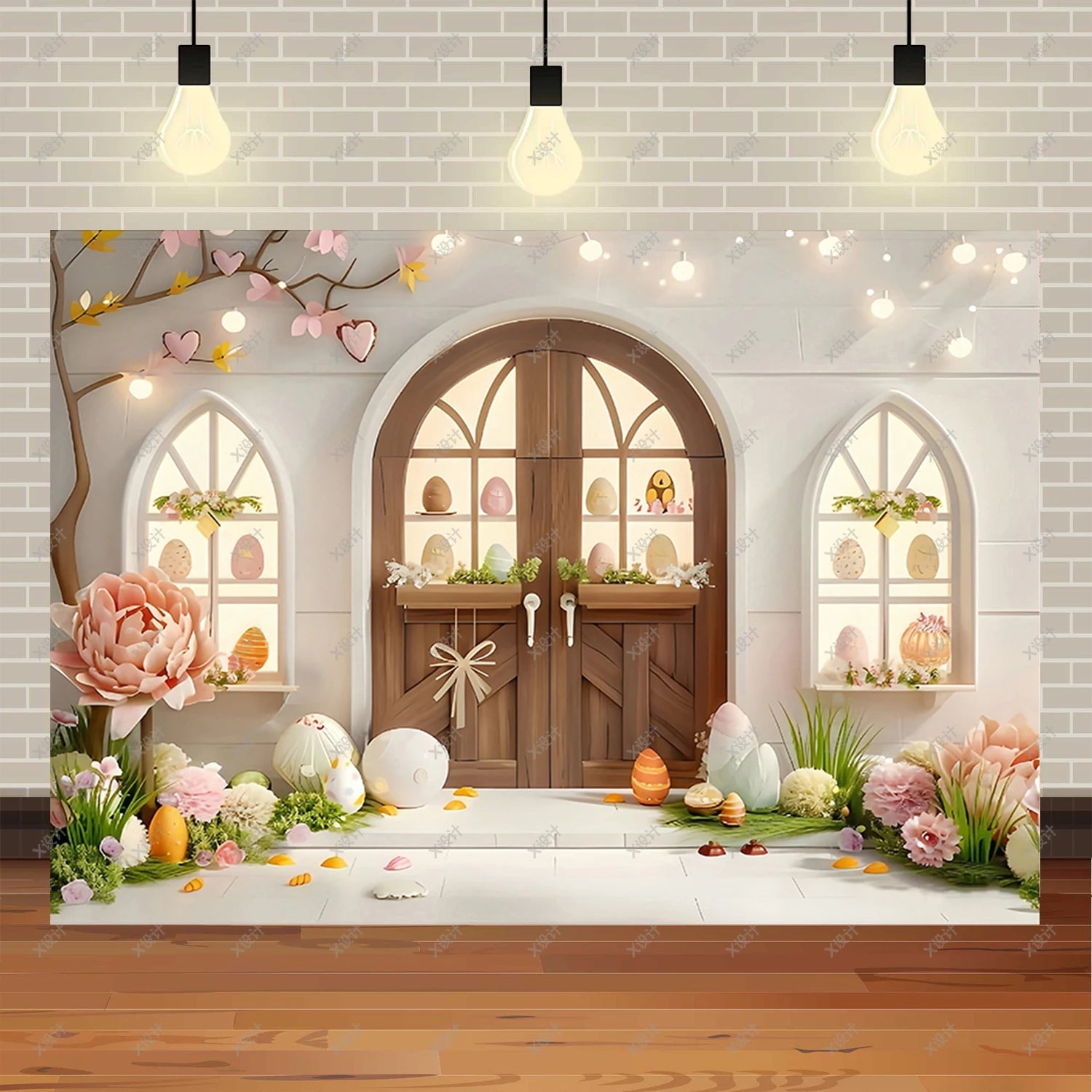 Easter Photography Background Party Decoration Spring Flowers Green Grass Wooden Door Rabbit Bunny Eggs Baby Portrait Photo Prop