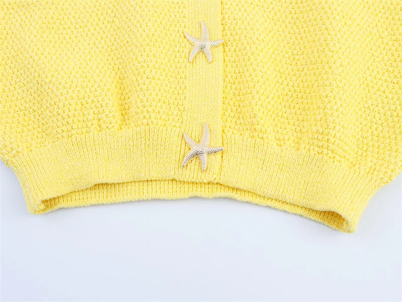 Women's cardigan  new summer style for 2025  yellow short-sleeve knitted jacket  star button decoration casual fashion