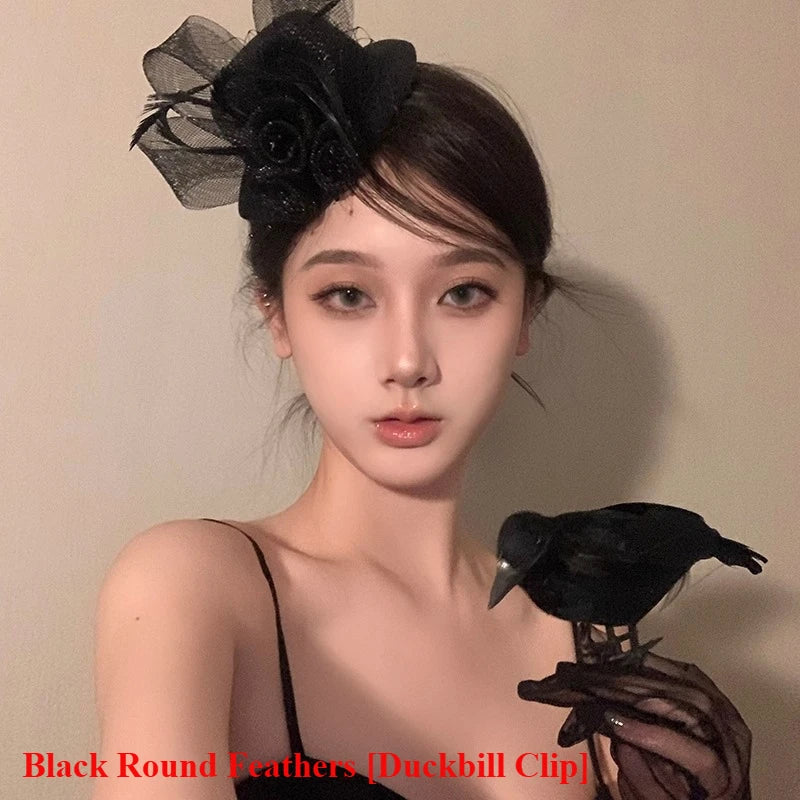Gothic Subcultur Lace Bow Veil Small Fedoras Hats for Women Harajuku Lolita Feather Floral Fascinator Headband Hat Accessories