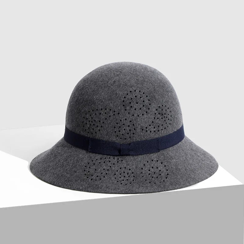 FS Beige Wool Fedoras Elegant Vintage Hats For Women Wide Brim Hollowed-out Cloche Cap Lady Autumn Winter Floppy Black Millinery