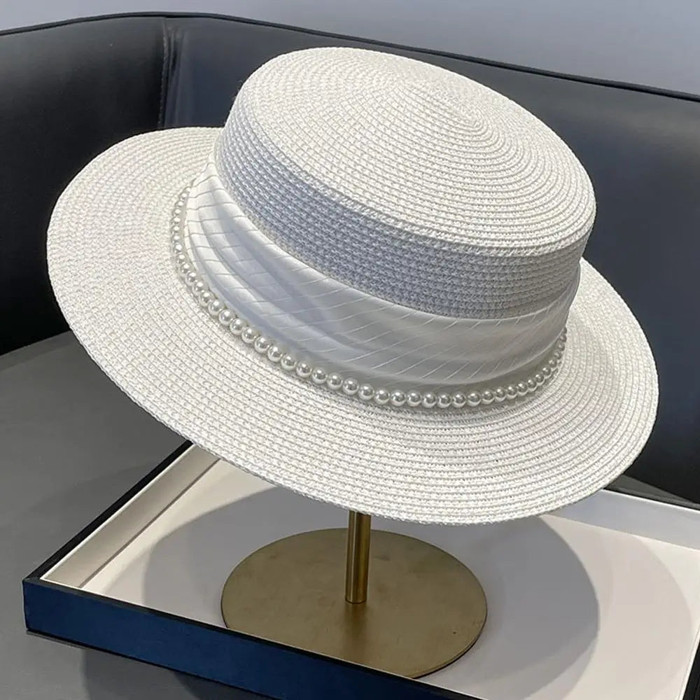 Women's Hat Female Hepburn Style Straw Hat Spring And Summer New Flat Top Hat French Retro Sun Hat Net Red Same Style Straw Hat