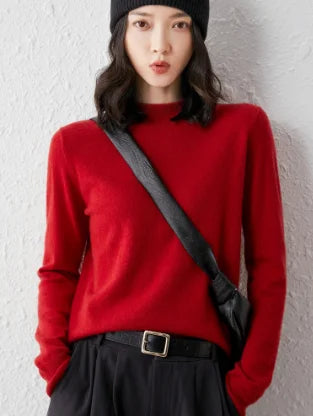 Winter wool sweater for women's soft solid color long-sleeved knitted sweater