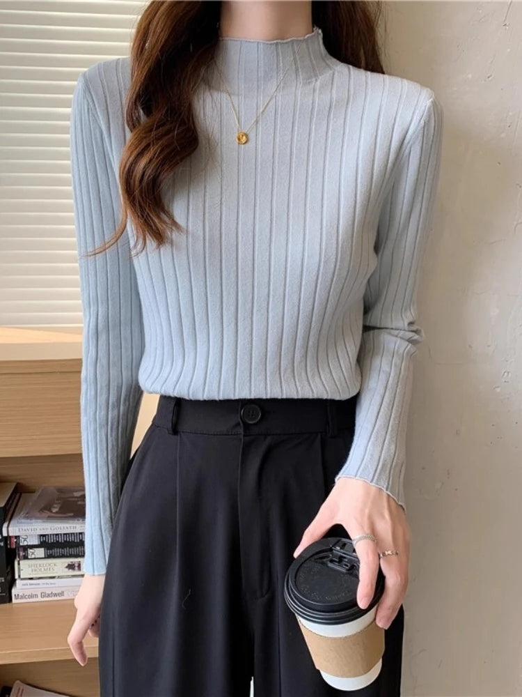 Woman Sweaters 2025 Autumn Winter Knitted Ribbed Turtleneck Sweater Women Clothes Long Sleeve Slim Basic Pullover Solid Tops