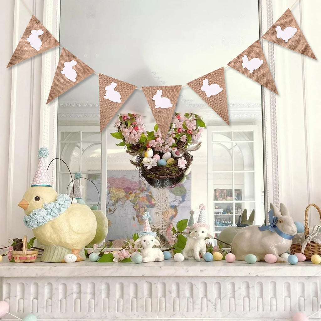 Easter Cute Rabbit Jute Banner Garland Burlap Linen Flag 2025 Happy Easter Party Home Wall Hanging Decoration Supplies Kids Gift