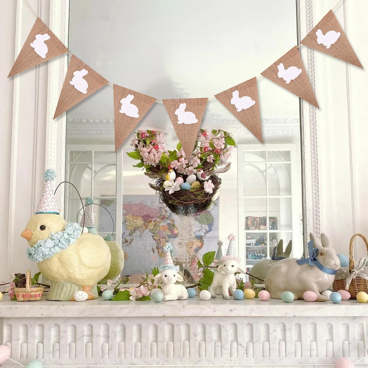 Easter Cute Rabbit Jute Banner Garland Burlap Linen Flag 2025 Happy Easter Party Home Wall Hanging Decoration Supplies Kids Gift