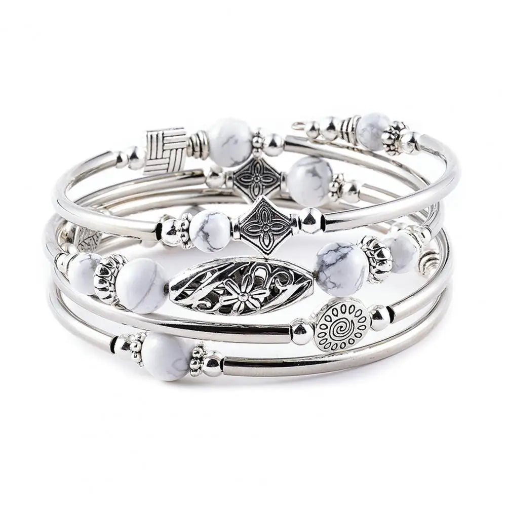 Women Bangle Natural Stones Ethnic Multi Layered Retro Blue Turquoise Beads Wrap Bracelet Jewelry Accessories