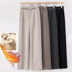 Fashion Office Lady Autumn Winter New Woolen Pants Women Solid Pockets Elastic High Waist Plus Velvet Straight Wide Leg Trousers