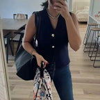 MUJER Woman Knit Vest Top Cropped Sleeveless Vests for Women 2025 Button Summer Vest Top Women Waistcoat Knitted Short Tops