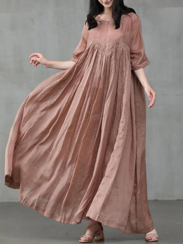 Summer Dresses Women 2023 Casual Fashion Solid Color Round Neck Pleated Cotton Linen Long Dress Elegant Dresses for Women Robe