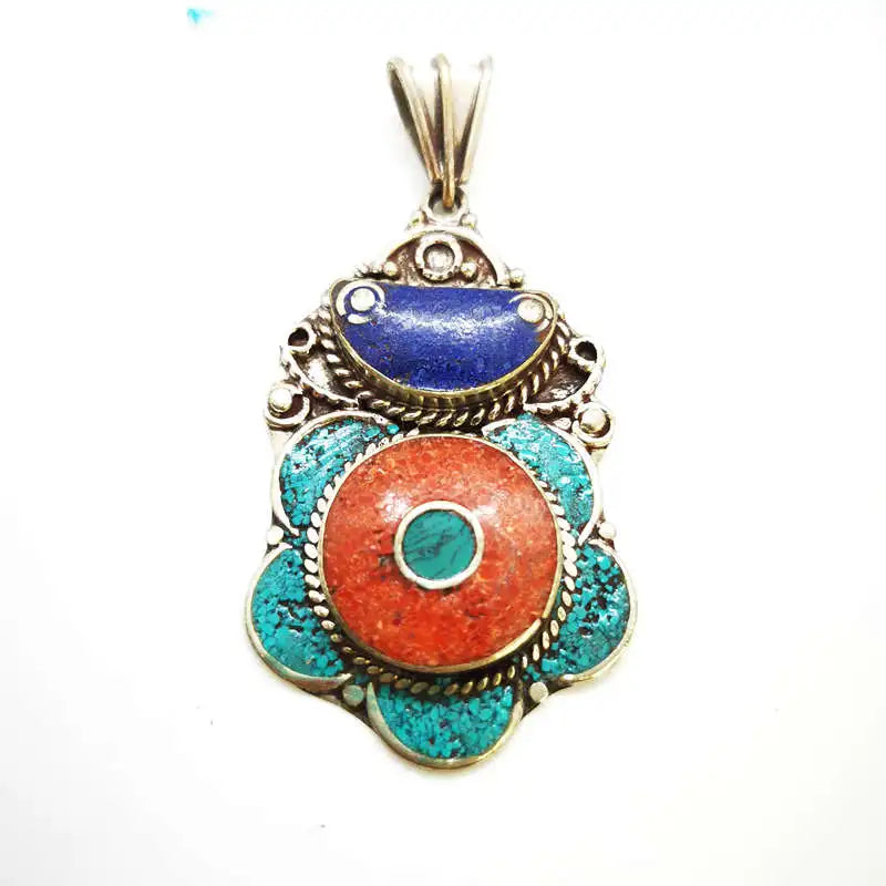 Handmade Vintage Flower Pendants Copper Inlaid Colorful Stone Tibetan Jewelry TBP608