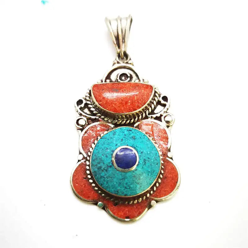 Handmade Vintage Flower Pendants Copper Inlaid Colorful Stone Tibetan Jewelry TBP608