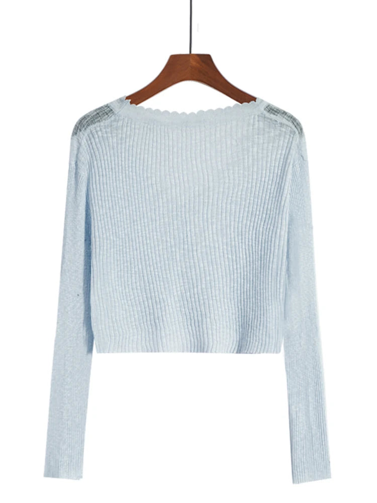 Women Cardigans Long Sleeve Knitted Outerwear Solid Thin Spring Short Sweaters V-neck Knitwears Korean Fashion Cardigans 2025