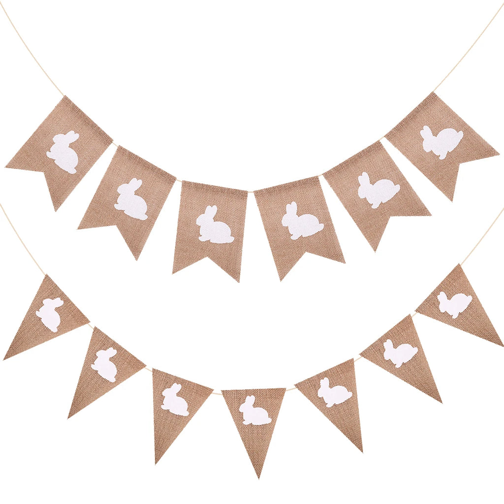 Easter Cute Rabbit Jute Banner Garland Burlap Linen Flag 2025 Happy Easter Party Home Wall Hanging Decoration Supplies Kids Gift