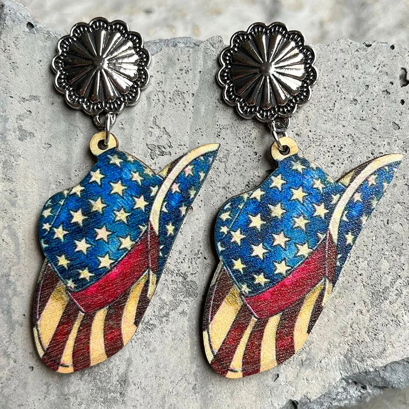 New American Independence Day Earrings July 4th Festival Decoration Western Cowboy Sun Flower Boots Cowhead Hat Wooden Ear Rings