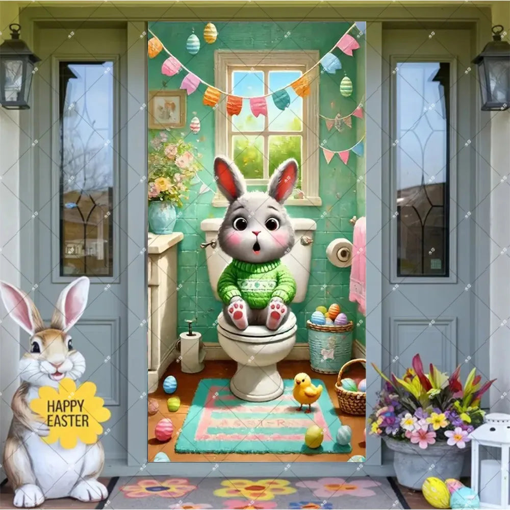 Spring Easter Theme Charming Rabbit On The Toilet Grass Flower Eggs Door Banner Cover Backdrop Easter Festival Party Porch Decor