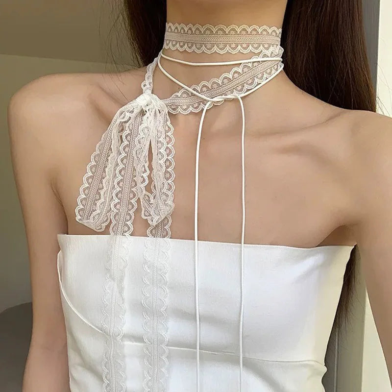 White Lace Necklace Verstile Long Ribbon Layered Clavicle Chain Choker for Girls Daily Wear Neck Decoration Jewelry
