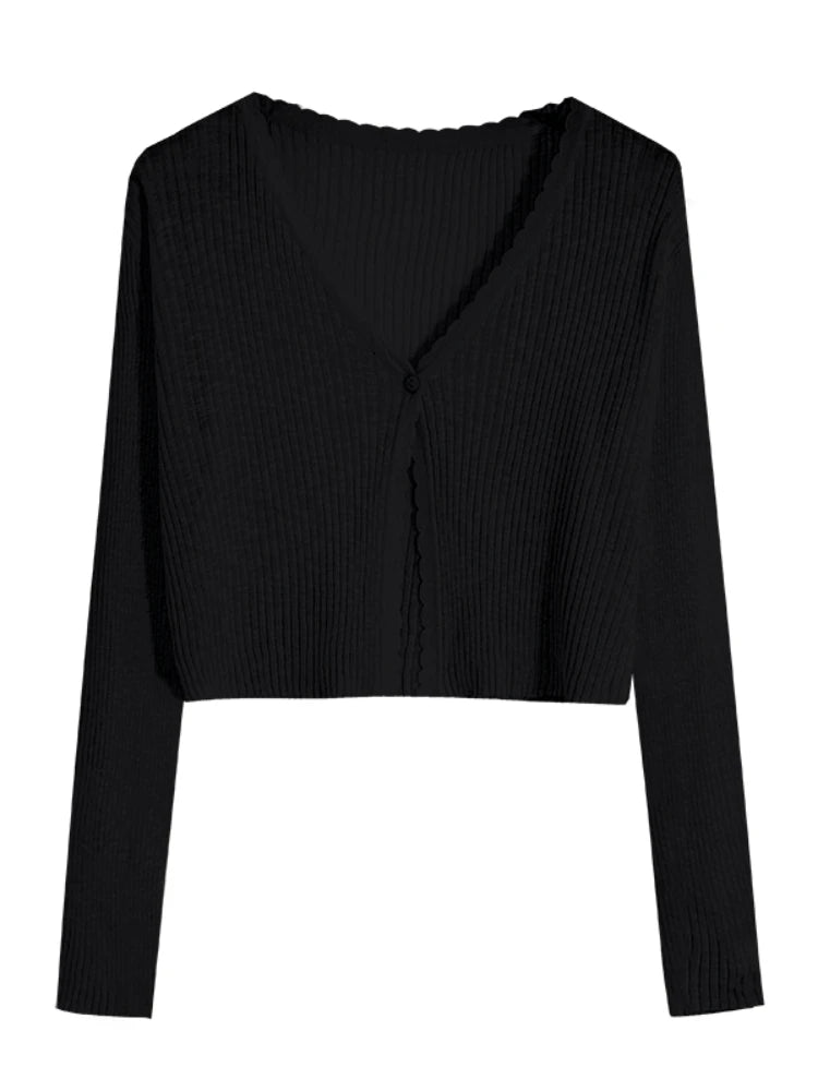 Women Cardigans Long Sleeve Knitted Outerwear Solid Thin Spring Short Sweaters V-neck Knitwears Korean Fashion Cardigans 2025